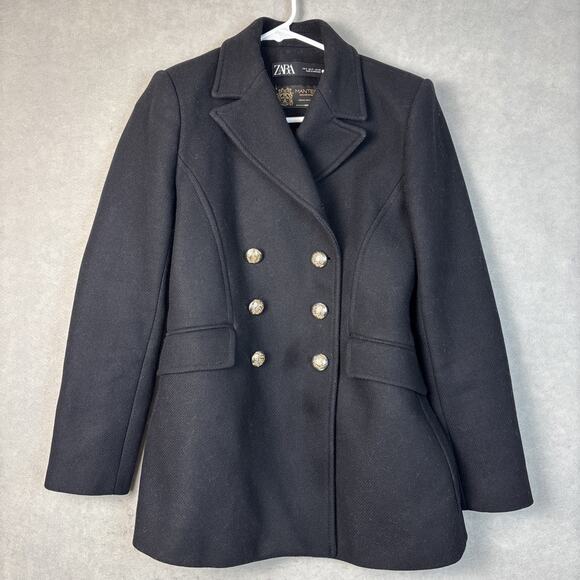 Zara Jackets & Blazers - Zara Manteco Pea Coat Women’s Small Wool Military Black Double Breasted Pockets